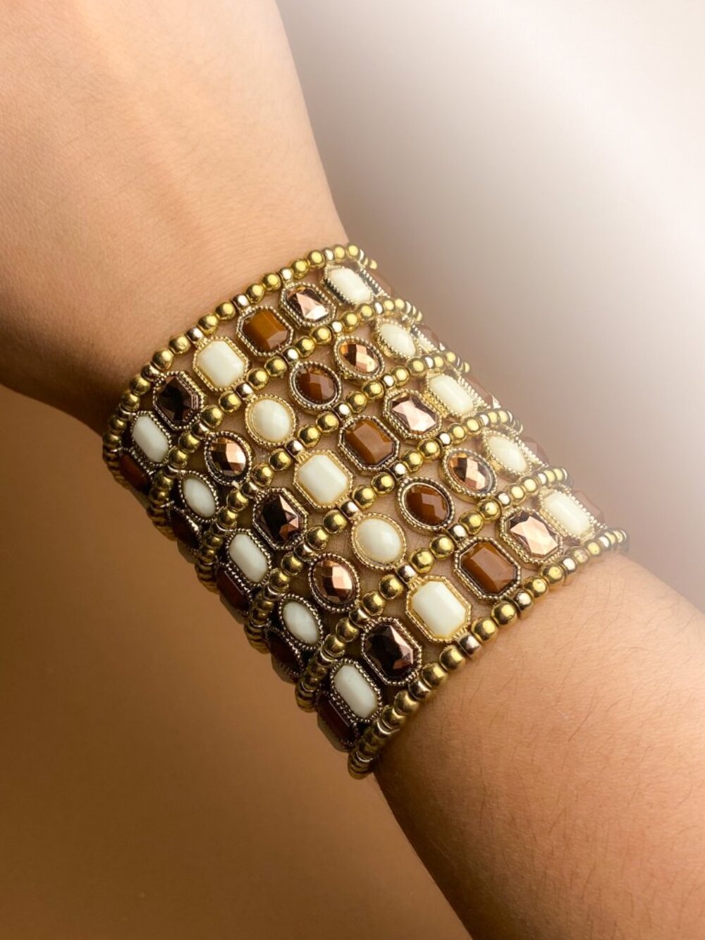Super Wide Rhinestone Jewel Brown Gold Neutral Greek Egyptian Stretch Bracelet
